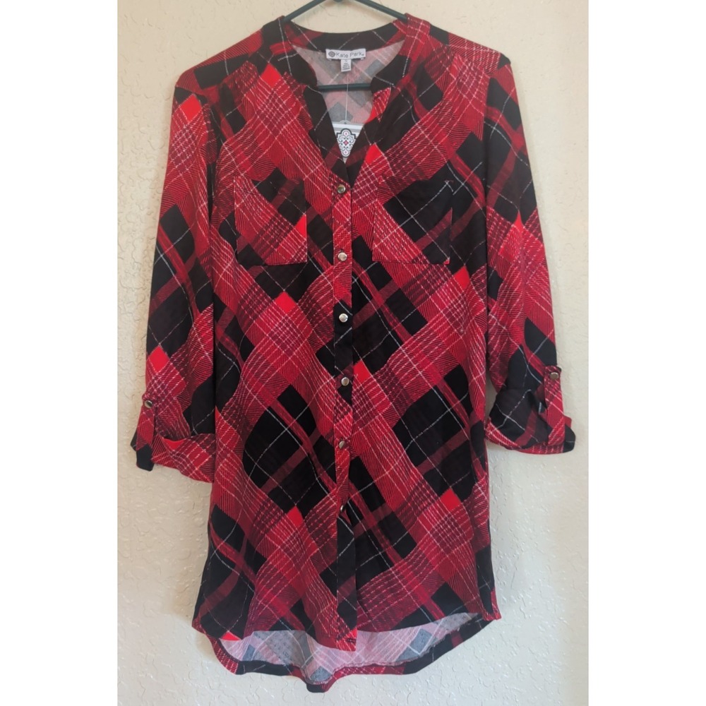 Kate Park Womens‎ Red & Black Buffalo Tartan Plaid Flannel Shirt Small NEW